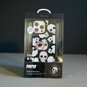 Pink Sky Black Skull Beaded Phone Case